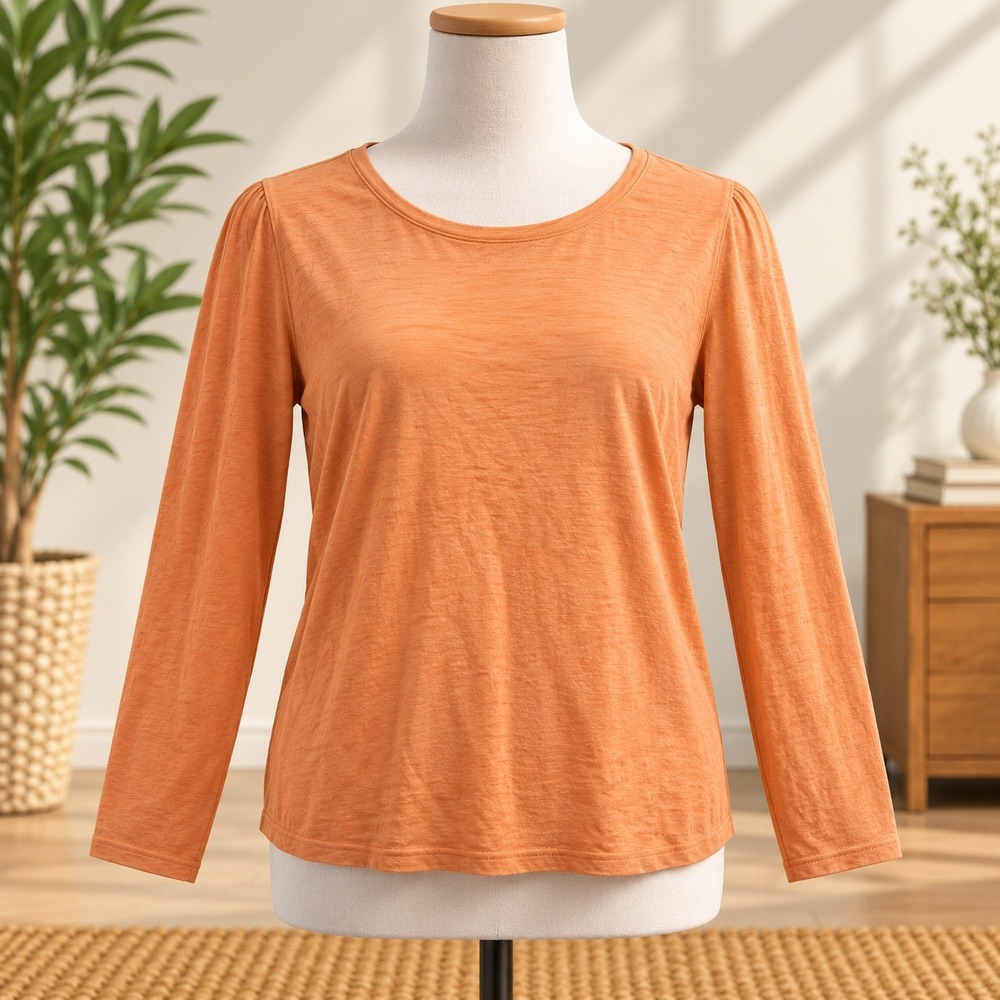 Denim & Co Top Womens Large Orange Long Sleeve Scoop Neck Textured Jacquard Knit
